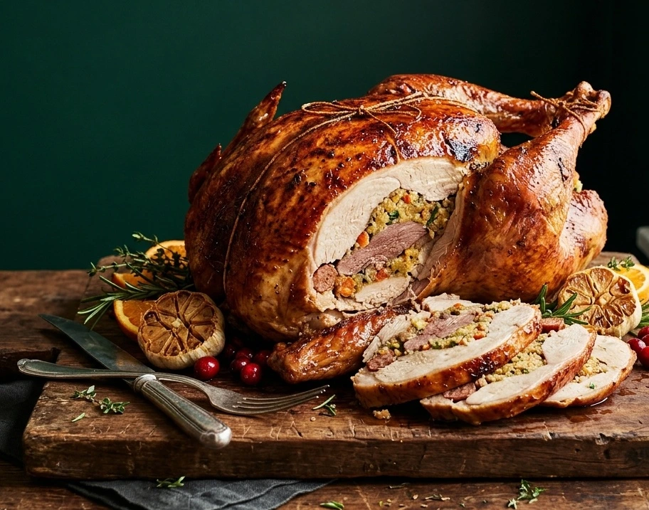 Sliced Cajun turducken